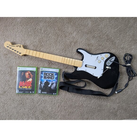 Xbox 360 Rock Band Guitar & Games Bundle Stratocaster ACDC Live Harmonix Tested - Picture 1 of 10